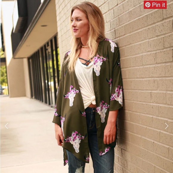 Peach Love green Texas longhorn floral print kimono size small - Picture 1 of 11
